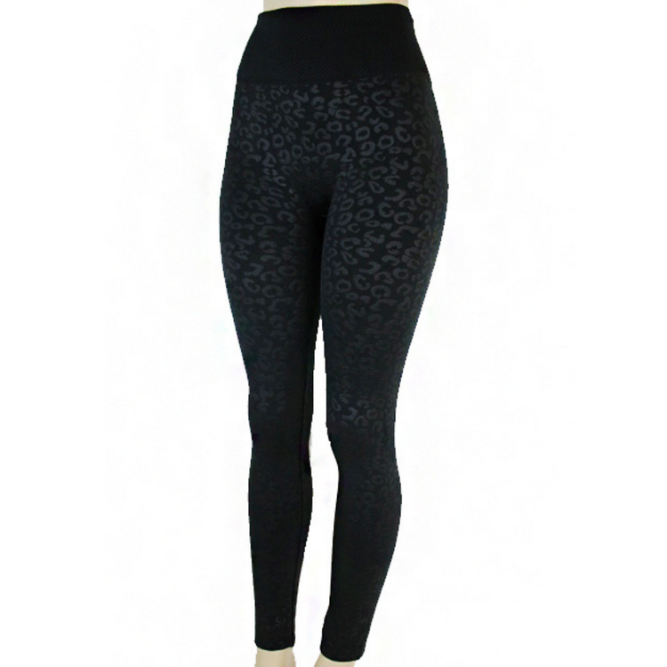 Fleece Lined Leopard Embossed Black Leggings with Thick High Waist Band