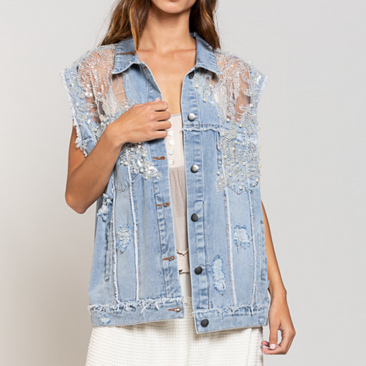 Distressed Light Denim Lace Embroidered Beaded Embellished Sleeveless Vest