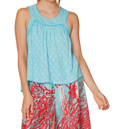 Aqua Blue Jacquard Tank Top with Lace Neck Detail