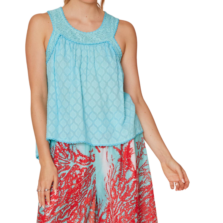 Aqua Blue Jacquard Tank Top with Lace Neck Detail