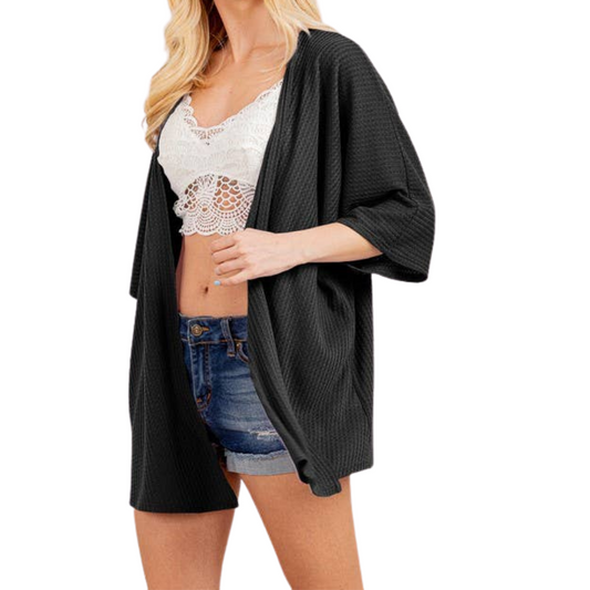 Black 3/4 Sleeve Waffle Summer Open Cardigan