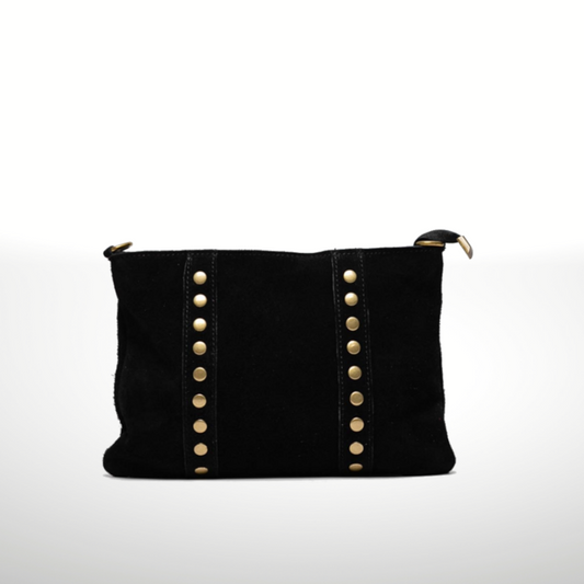 Black Italian Suede Leather Crossbody Purse with Gold Studded Accents