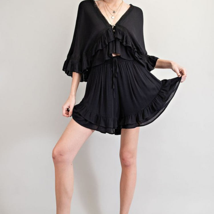 Black Ruffled Wing Sleeve Top