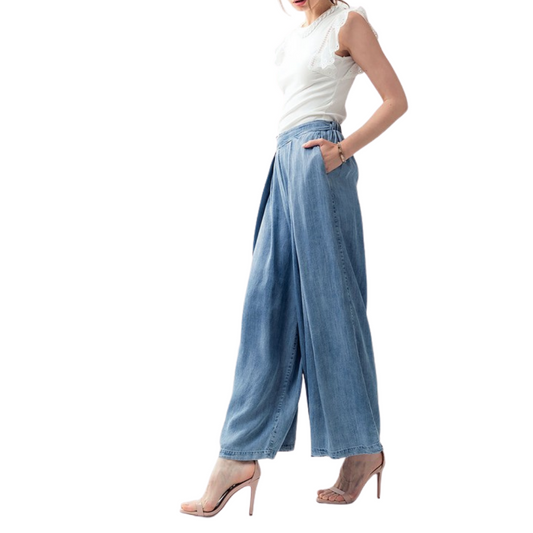 High Waist Pleated Chambray Denim Wide Leg Pant