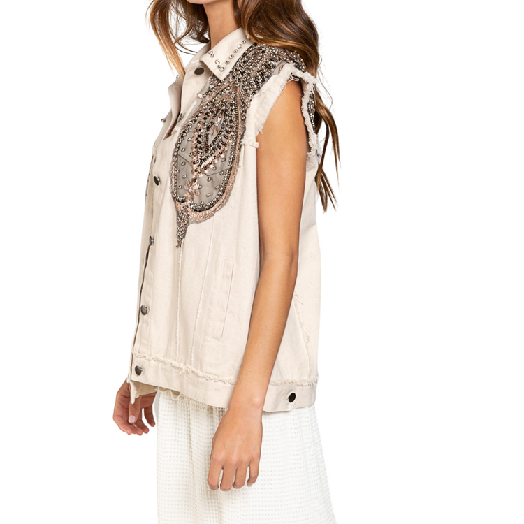 Taupe Beaded Embellished Lace Sleeveless Twill Vest