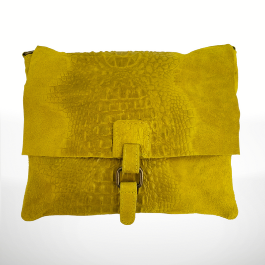 Italian Yellow Crossbody Croc Gator Embossed Suede Leather Purse