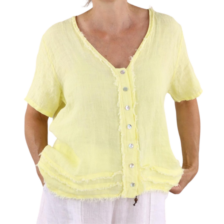 Yellow Italian Linen Button Front Short Sleeve Tunic