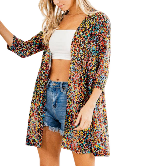 Black Multi Color Floral Open Cardigan with Side Pockets