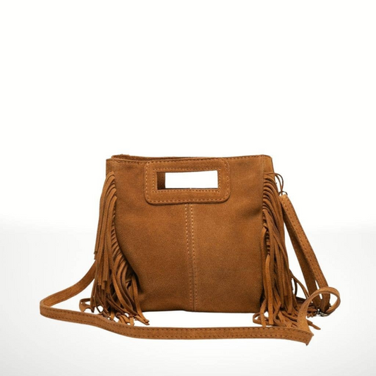 Italian Tan Suede Leather Crossbody Hand Purse with Side Fringe