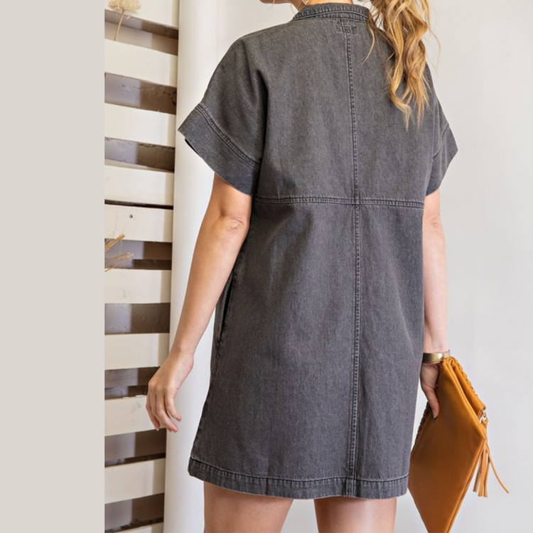 Vintage Black Denim Short Sleeve Shirt Dress