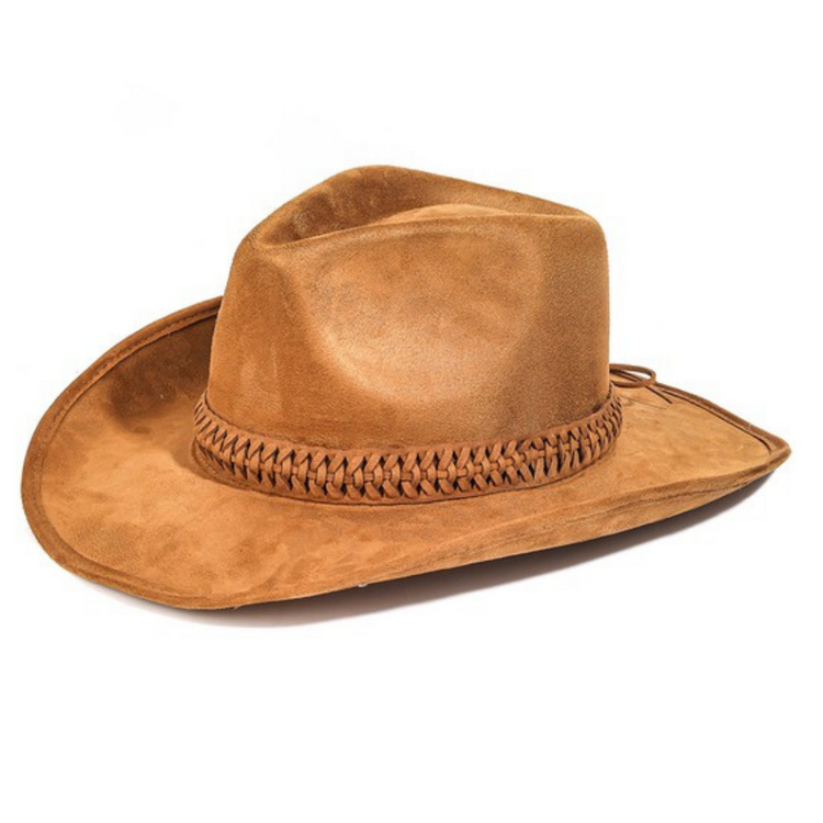 Tan Brown Faux Suede Cowboy Hat With Brown Braided Trim