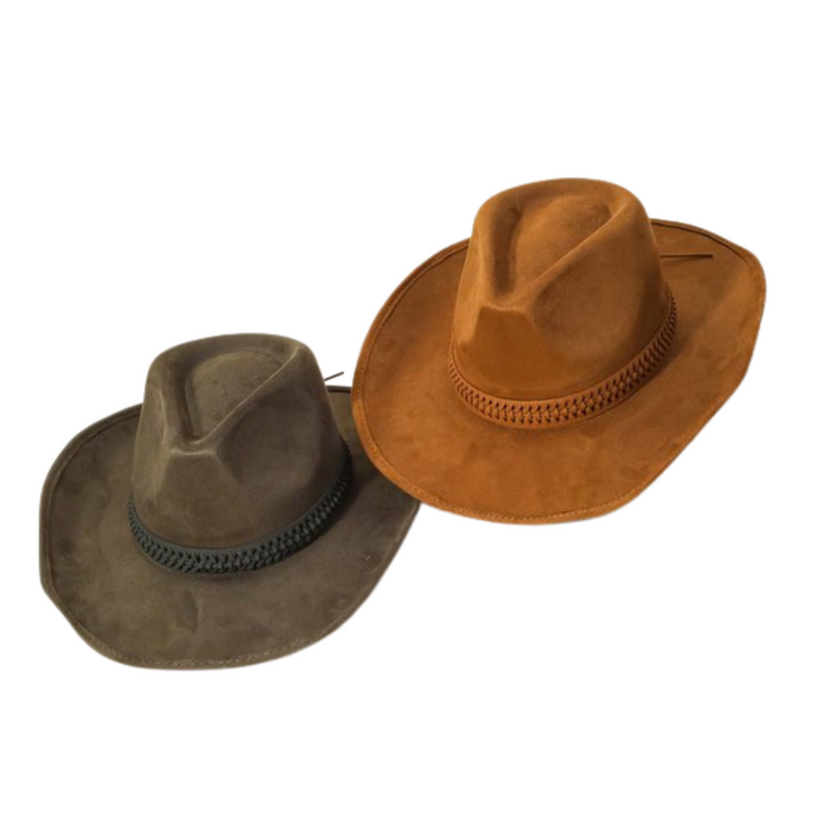 Tan Brown Faux Suede Cowboy Hat With Brown Braided Trim