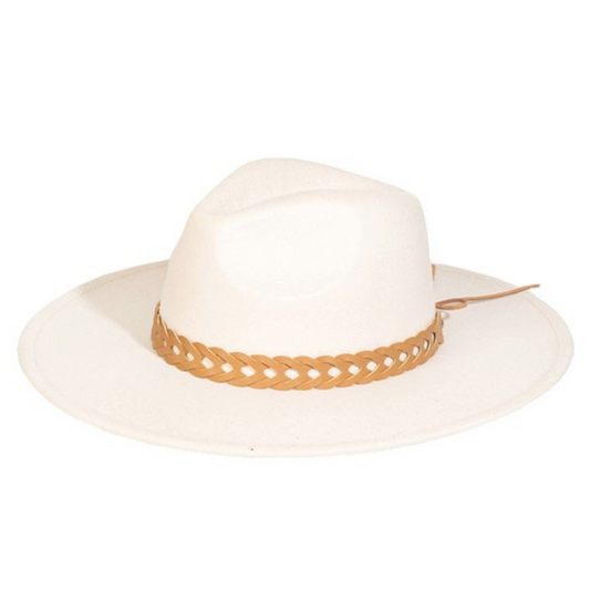 Ivory Cowboy Fedora Felt Hat w Brown Vegan Leather Hat Strap