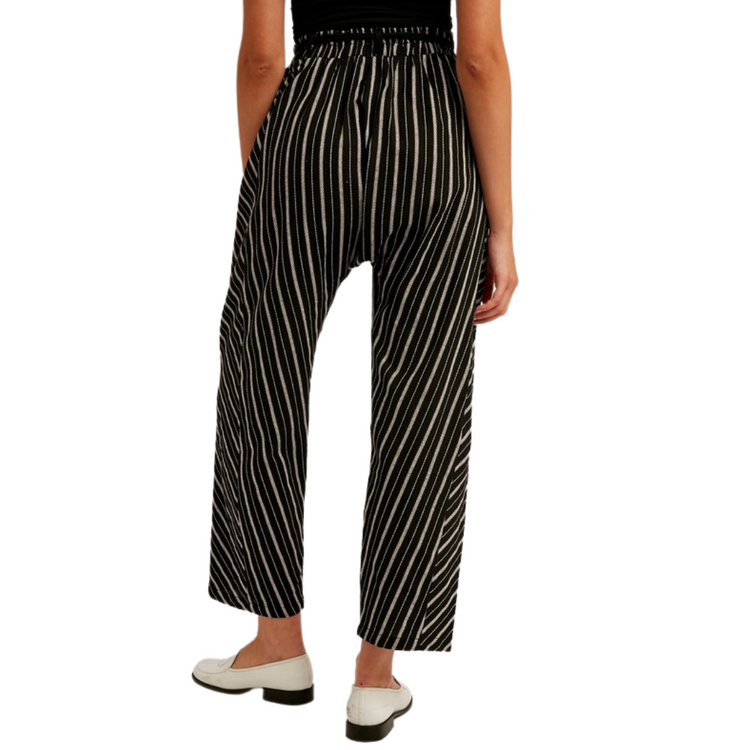 Black White Multi Striped Paper Bag Elastic Waist Baggy Pants