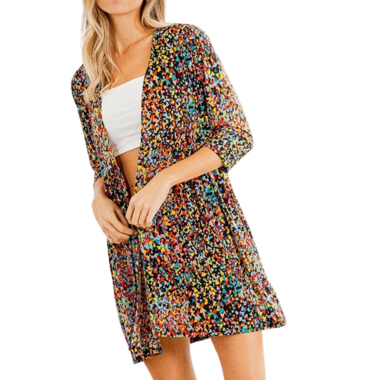 Black Multi Color Floral Open Cardigan with Side Pockets