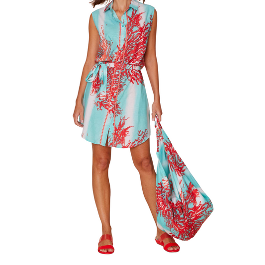 Belted Sleeveless Turquoise with Coral Print Embellished Button Down Shirt Dress