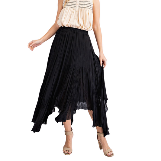 Black Silky Chiffon Pleated Asymmetrical Maxi Skirt