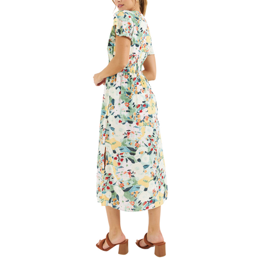 V-Neck Floral Midi Sundress with Wide Elastic Waist and Bell Short Sleeves