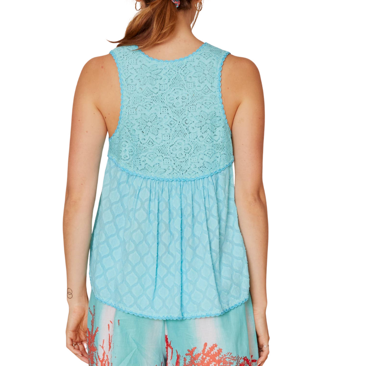 Aqua Blue Jacquard Tank Top with Lace Neck Detail