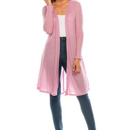 Pink Ribbed Light Weight Long Sleeve Cardigan