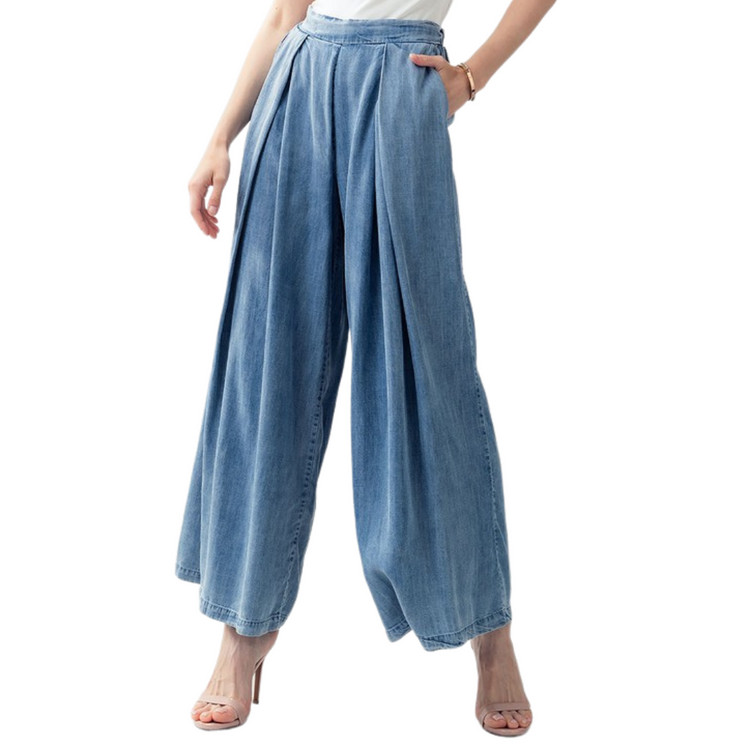 High Waist Pleated Chambray Denim Wide Leg Pant