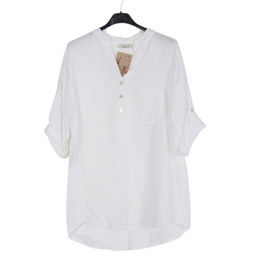 White Linen 3/4 Sleeve Blouse Top with Button Upper