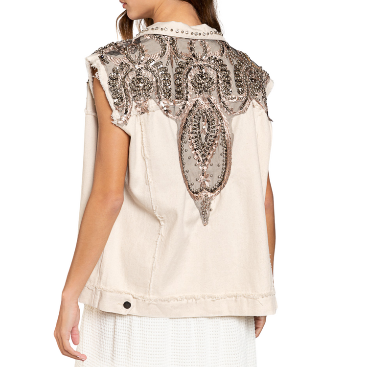 Taupe Beaded Embellished Lace Sleeveless Twill Vest