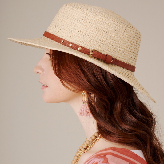 Leather Belt Strap Fedora (Beige)