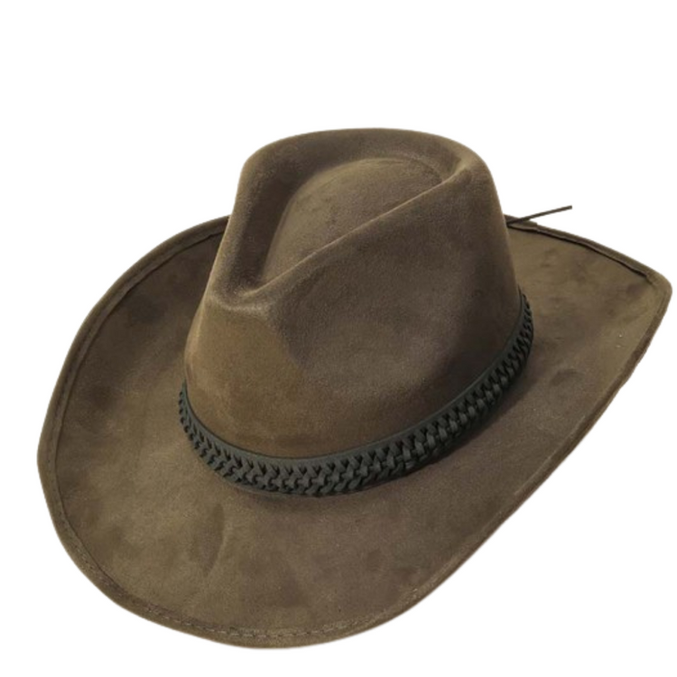 Olive Green Suede Cowboy Hat With Olive Braided Faux Trim