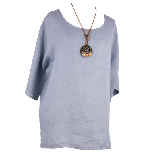 Blue Gray Plain Linen Tunic with Necklace