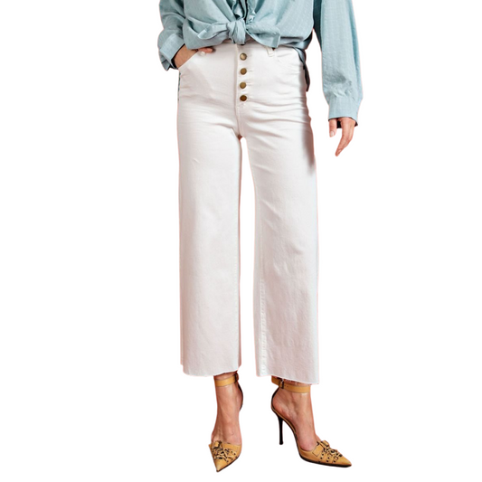 White Button Front Wide Leg Raw Hem Cropped Twill Pants