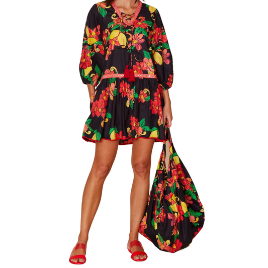 Black with Floral Citrus Print Mini Dress with Bottom Ruffle Detail