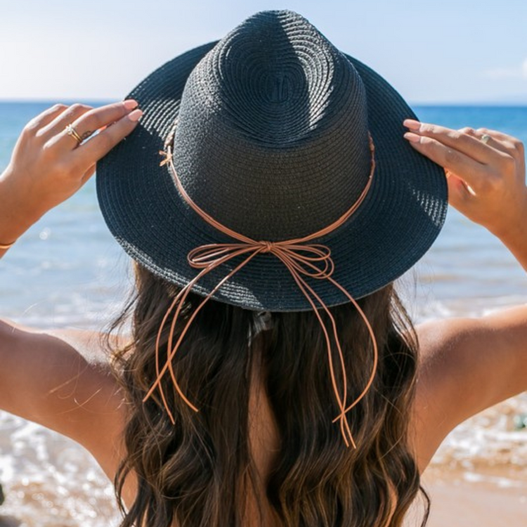 Black Straw Panama Fedora Hat with Beaded Hat Band