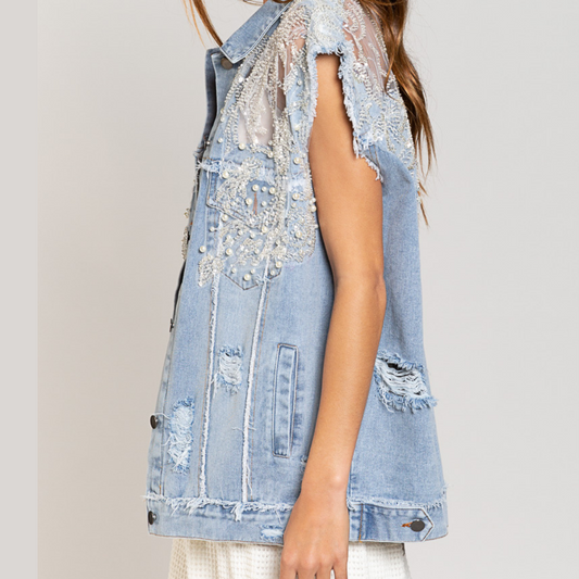 Distressed Light Denim Lace Embroidered Beaded Embellished Sleeveless Vest