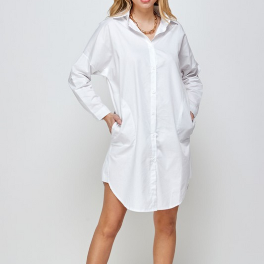 Oversized Boyfriend White Shirt Dress with Side Slit Pockets