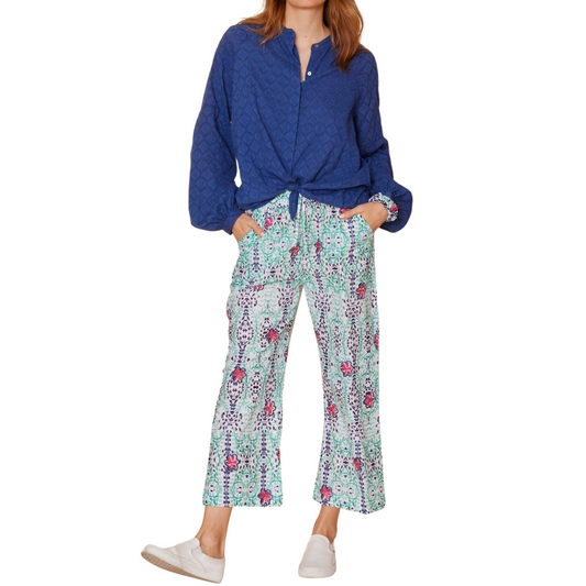 White with Aqua Blue Kaleidoscope Floral Print High Waist Elastic Cotton Drawstring Pants