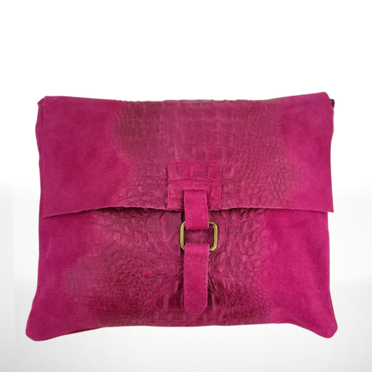 Italian Fuchsia Crossbody Croc Gator Embossed Suede Leather Purse