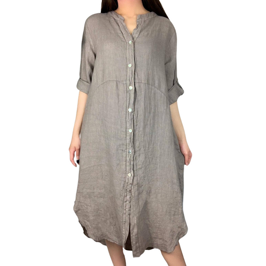 Long Khaki Italian Linen Button Down Collarless Long Sleeve Shirt Dress