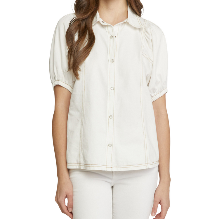 White Denim Button Down Collared Top with Puff Sleeve Detail