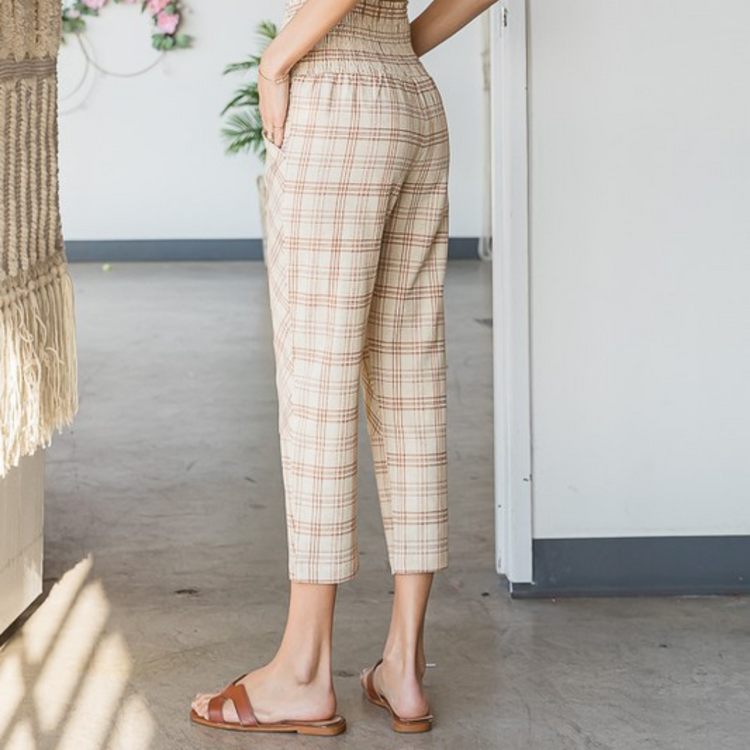 High Waist Smocked Plaid Print Pants with Side Pockets