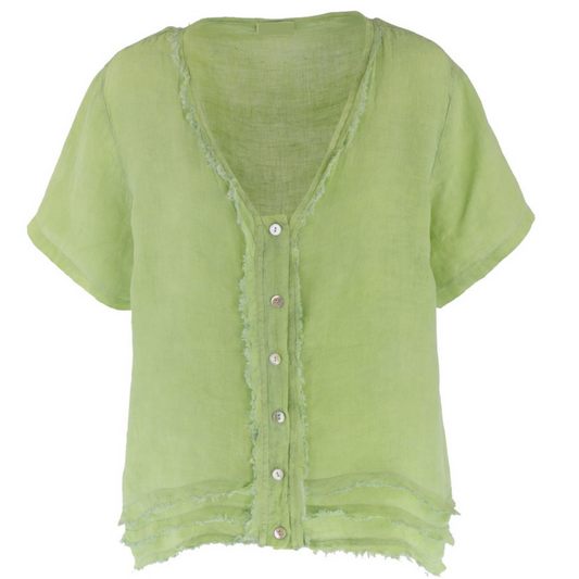 Lime Green Italian Linen Button Front Short Sleeve Tunic