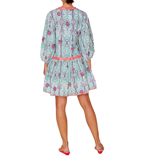 Bell Sleeve White with Blue Green Kaleidoscope Floral  Print Mini Dress with Bottom Ruffle Detail