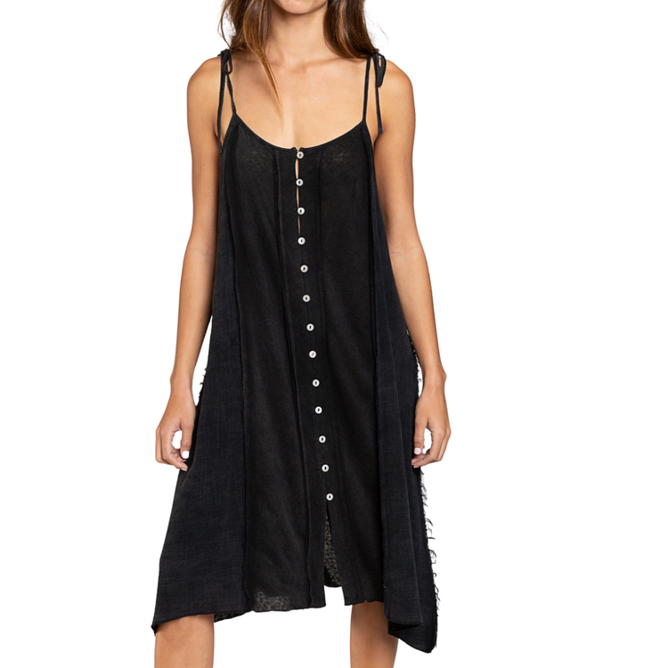 Black Button Down Shoulder Tie Knee Length Dress with Raw Edge Detailing and Contrast Fabric Panels