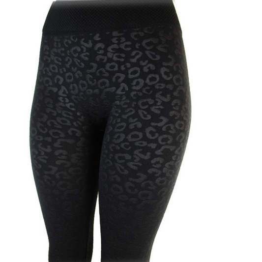 Fleece Lined Leopard Embossed Black Leggings with Thick High Waist Band