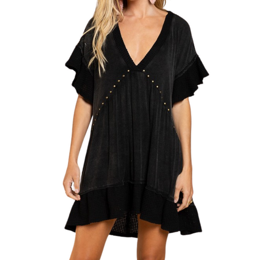 Black Gold Studded A-Line V-Neck Bell Sleeve Loose Tunic Top Dress