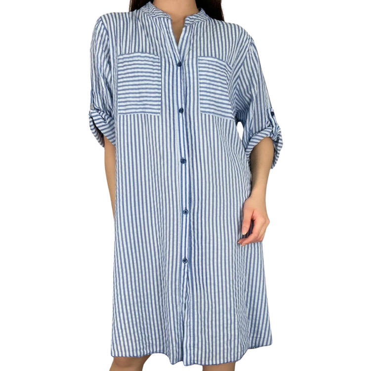 Long Blue and White Stripped Italian Cotton Button Down Collarless Long Sleeve Shirt Dress