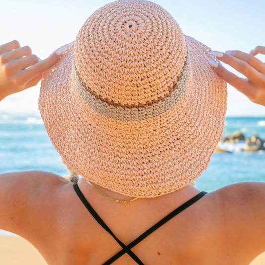 Blush Straw Bucket Hat w Stripe Hat Band Detail