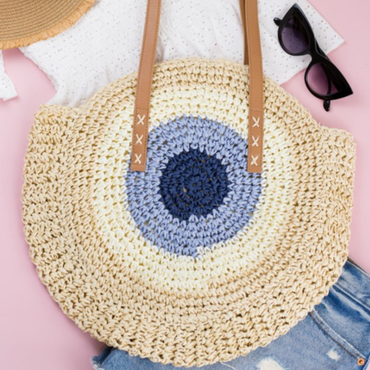 Evil Eye Straw Circle Tote Purse Bag