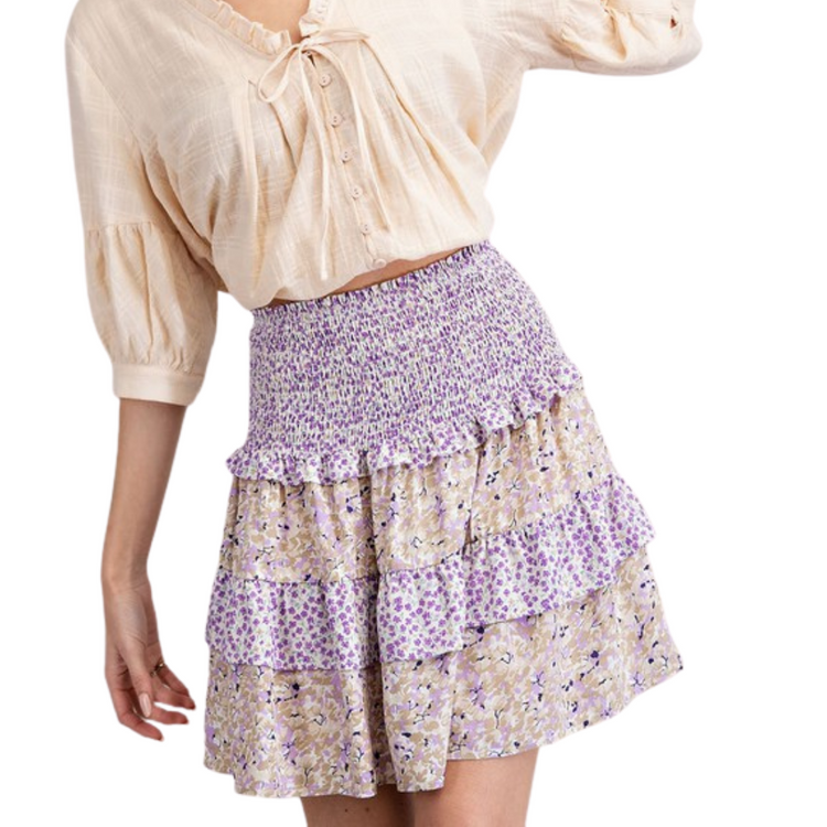 Ruffled Lilac Taupe Floral Print Smocked Mini Skirt