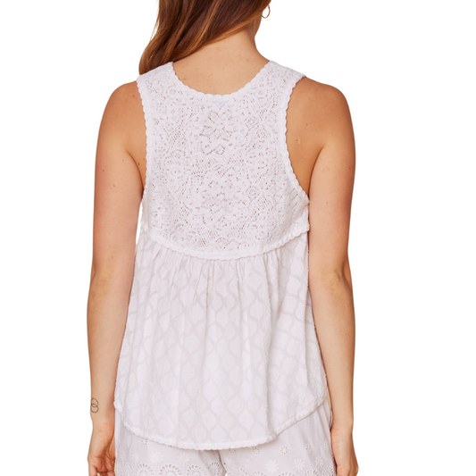 White Jacquard Tank Top with Lace Neck Detail